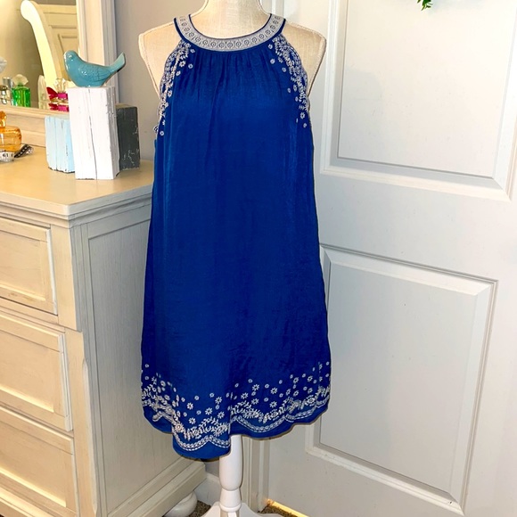 THML XL halter dress NWT, royal blue with white embroidery, lovely, fully lined